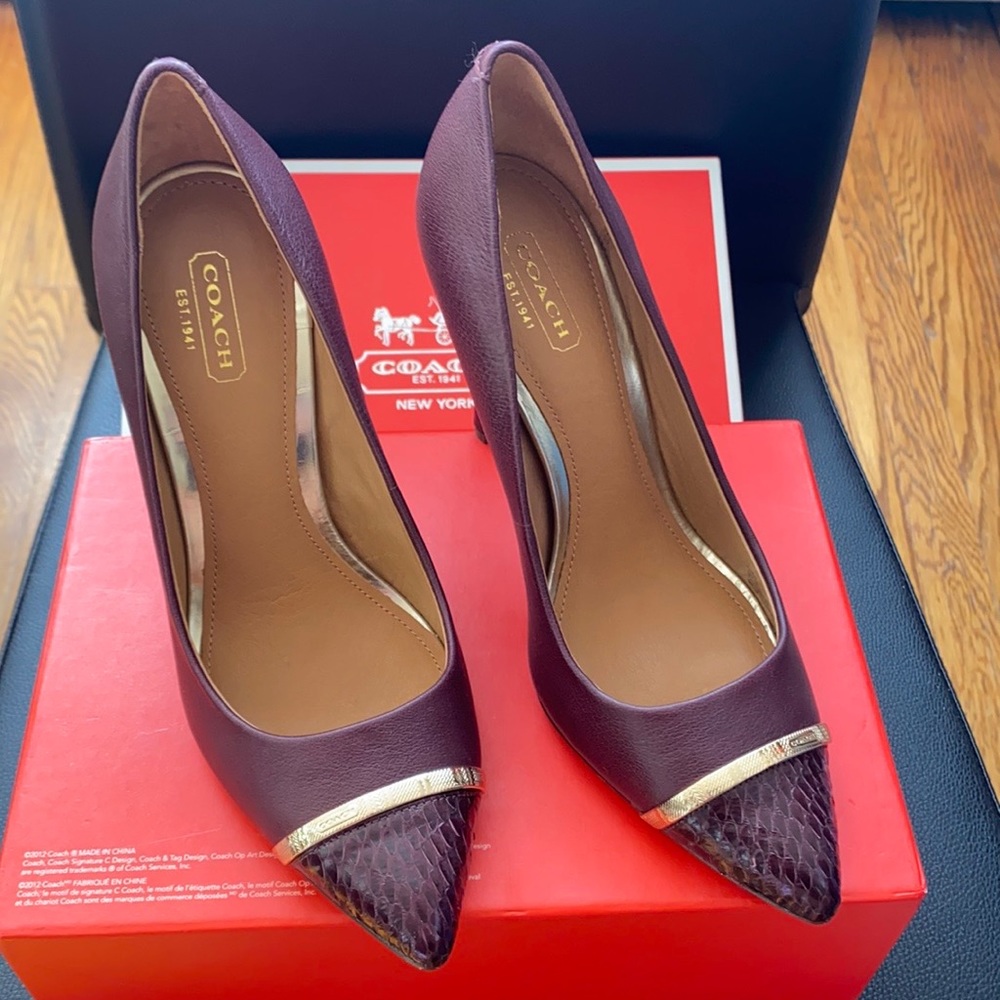 NEW! COACH "Nacie" Burgundy Leather Pumps w/ Snakeskin Toecap & Gold Band